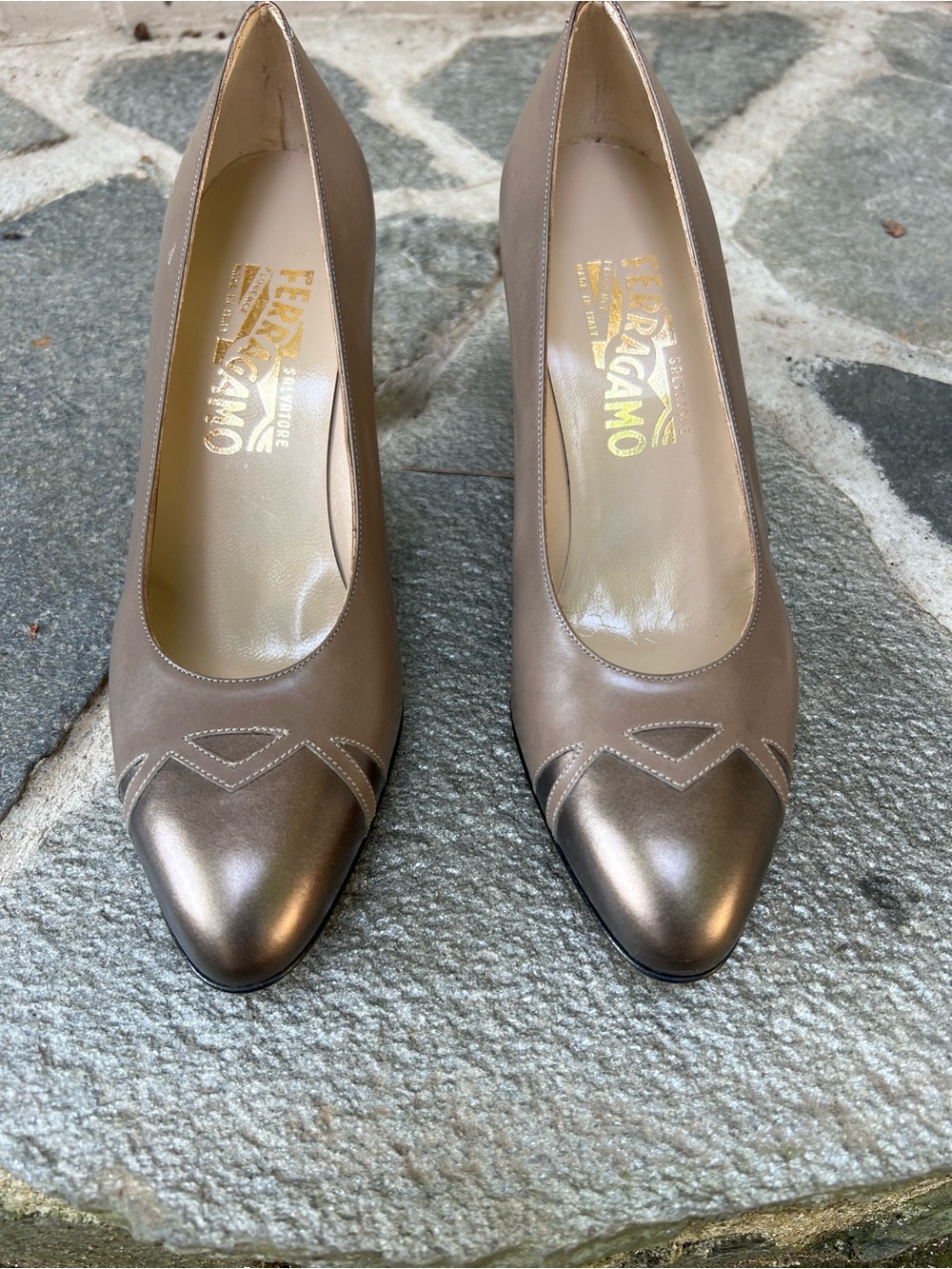 Salvatore Ferragamo Metallic Taupe and Bronze Leather Pointed Toe Pumps
